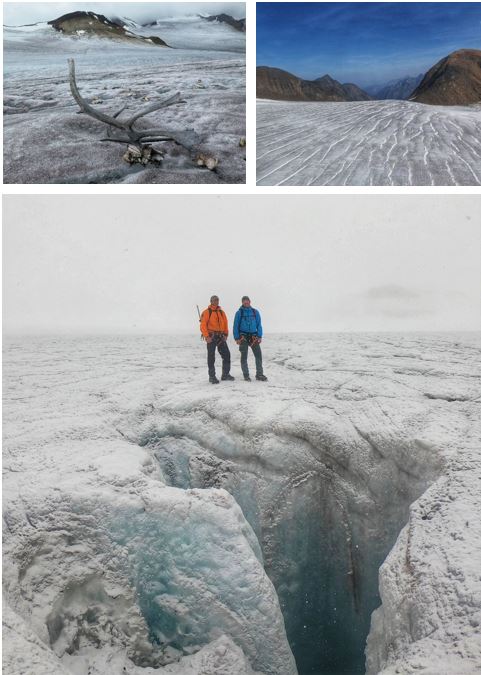 Compilation de trois clichés : bois de caribou sur la glace, surface ondulée de la glace et deux scientifiques debout au bord d’un profond moulin glaciaire. 